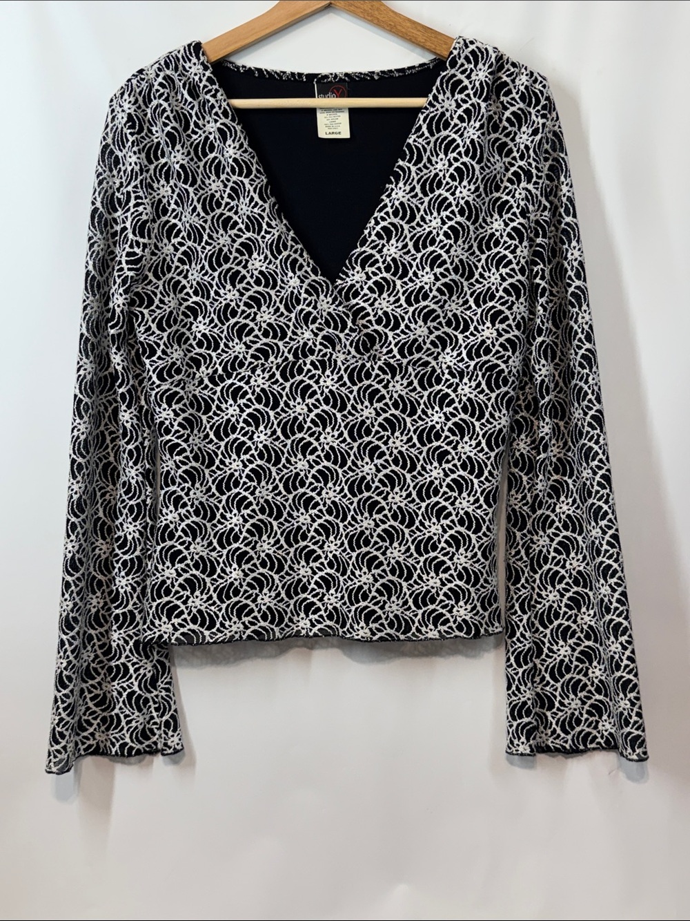 Studio Y Y2K Vintage Mesh Faux Wrap Top Size Large Black White Swirl Print Bell